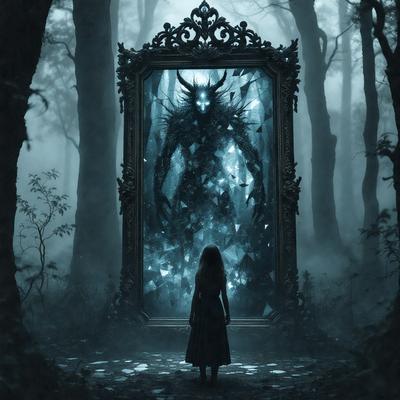 The primary subject of the image is a young girl standing in front of a large, ornate mirror. The mirror features a demonic creature, possibly a demon or a monster, as its reflection. The setting appears to be a forest, with trees visible in the background. The visual style of the image is a combination of photo and digital art, creating a unique and intriguing atmosphere. The dominant colors in the image are dark and moody, with the demonic creature and the forest adding to the overall mood.